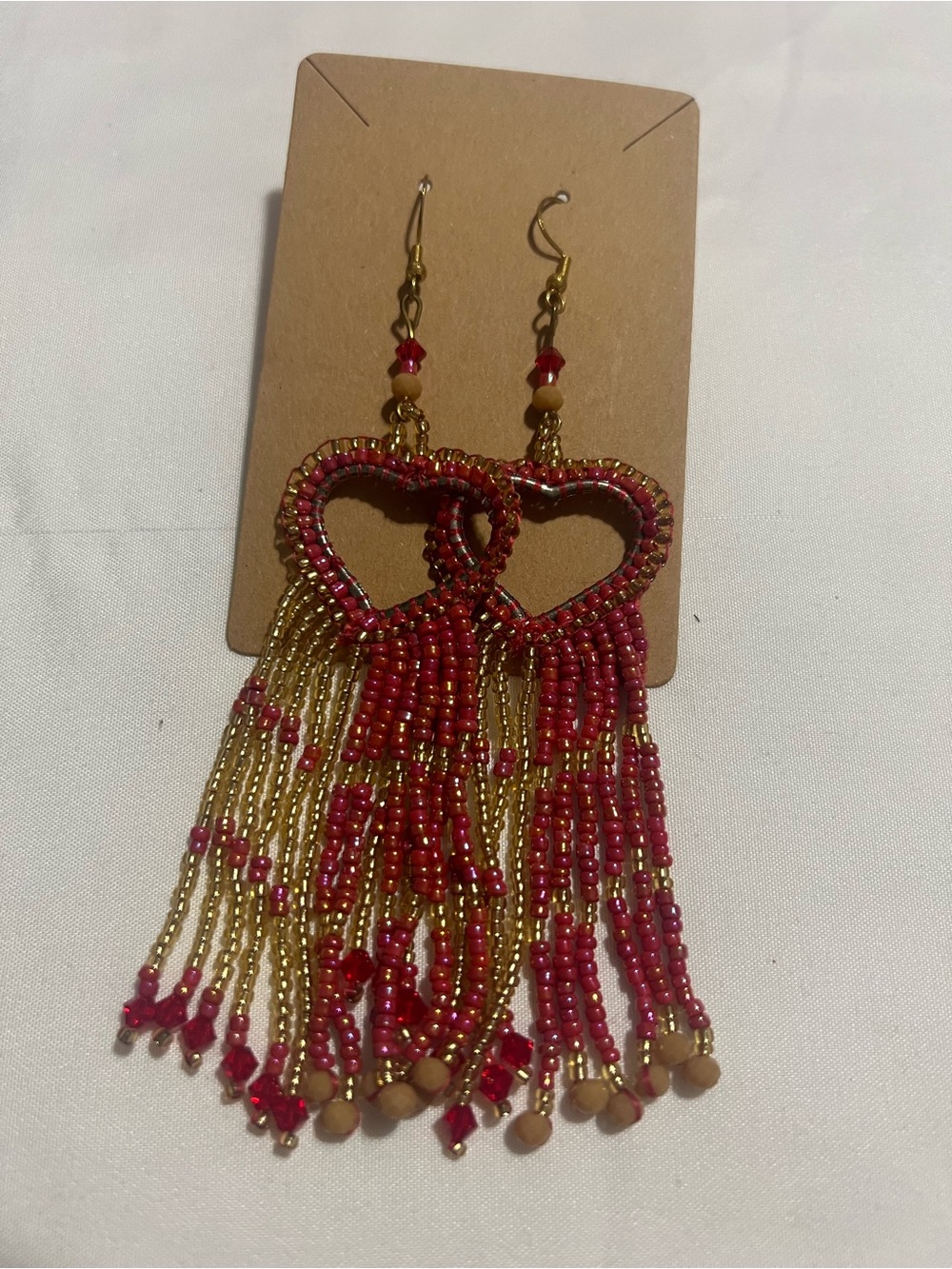 Gold and Red Heart Fringe Beaded Earrings